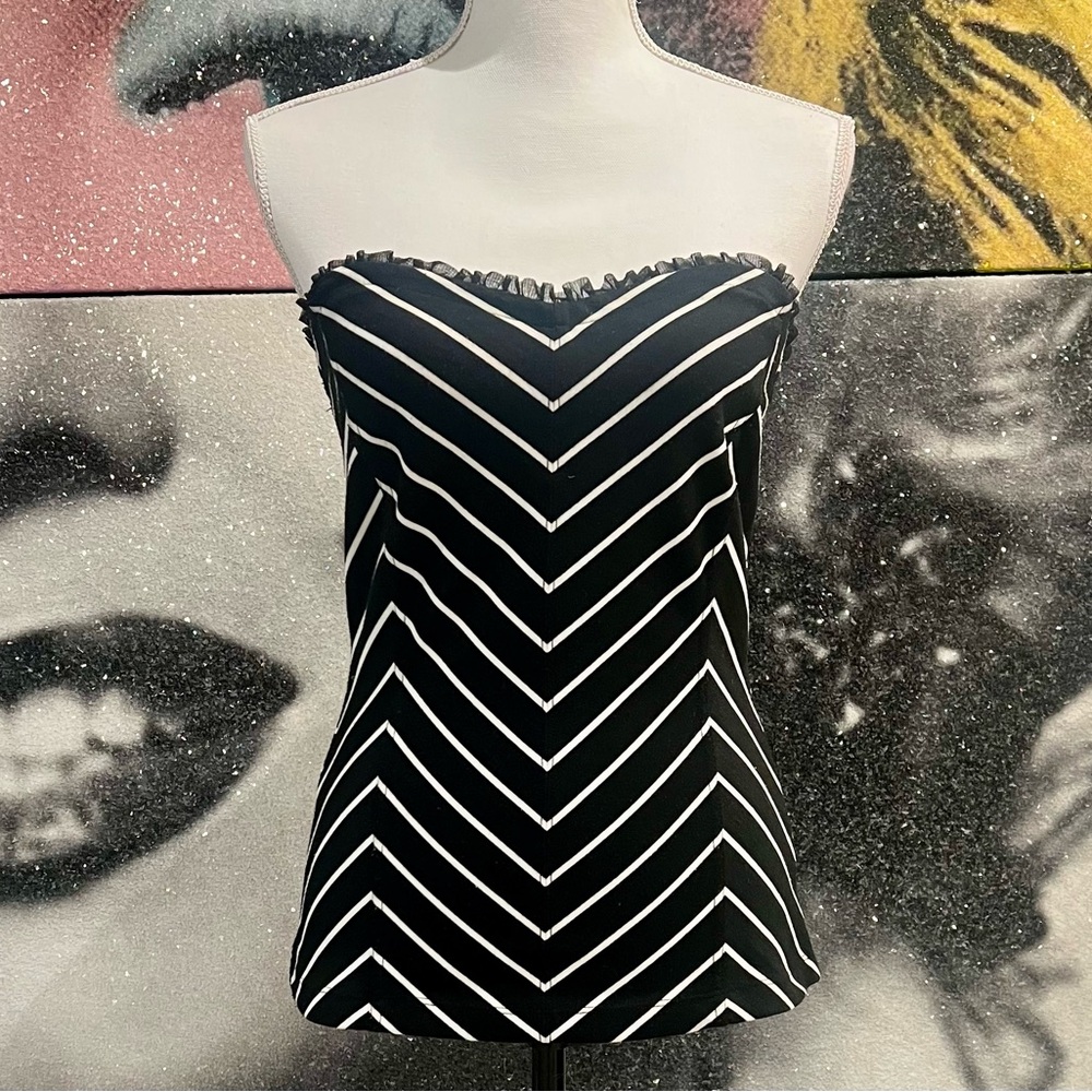WHBM Black and White Chevron Striped Bustier Corset Tube Top Sz Small
